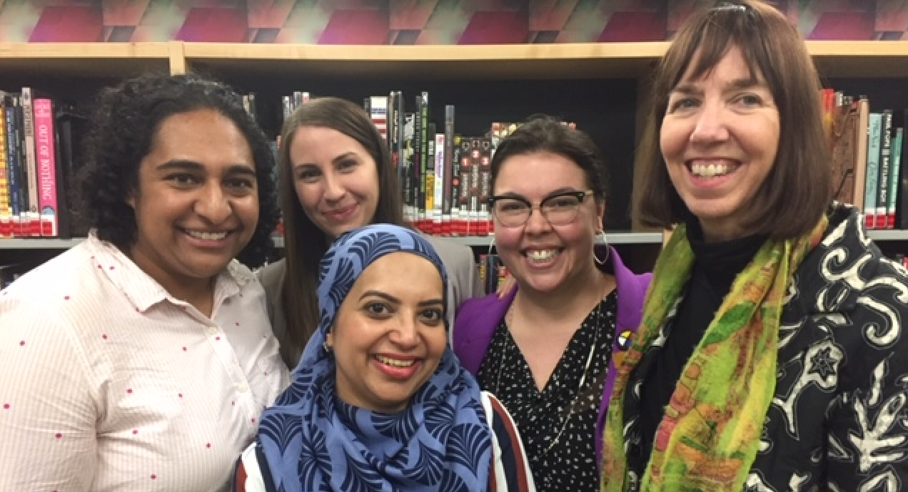 (L-R) Jamal-e-Fatima Rafat (a member of the Muslim community), Sithara Fernando (LGBTQ advocate and member of the Alberta anti-racism council) Caitlin Downie, RACIDE leader and staff of Wood Buffalo Municipality, and Elena Gould (an advocate for Indigenous peoples and Missing and Murdered Indigenous Women) with NIOT's Patrice O'Neill.